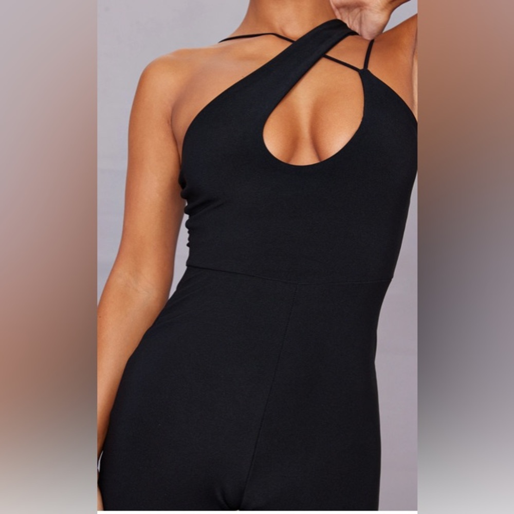 Black Slinky Asymmetric Strap Jumpsuit - Picture 4 of 5